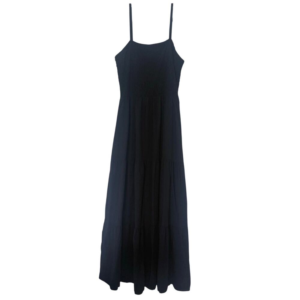 Black Smocked Tiered Maxi Dress Sleeveless Lightweight Flowy Whimsigoth